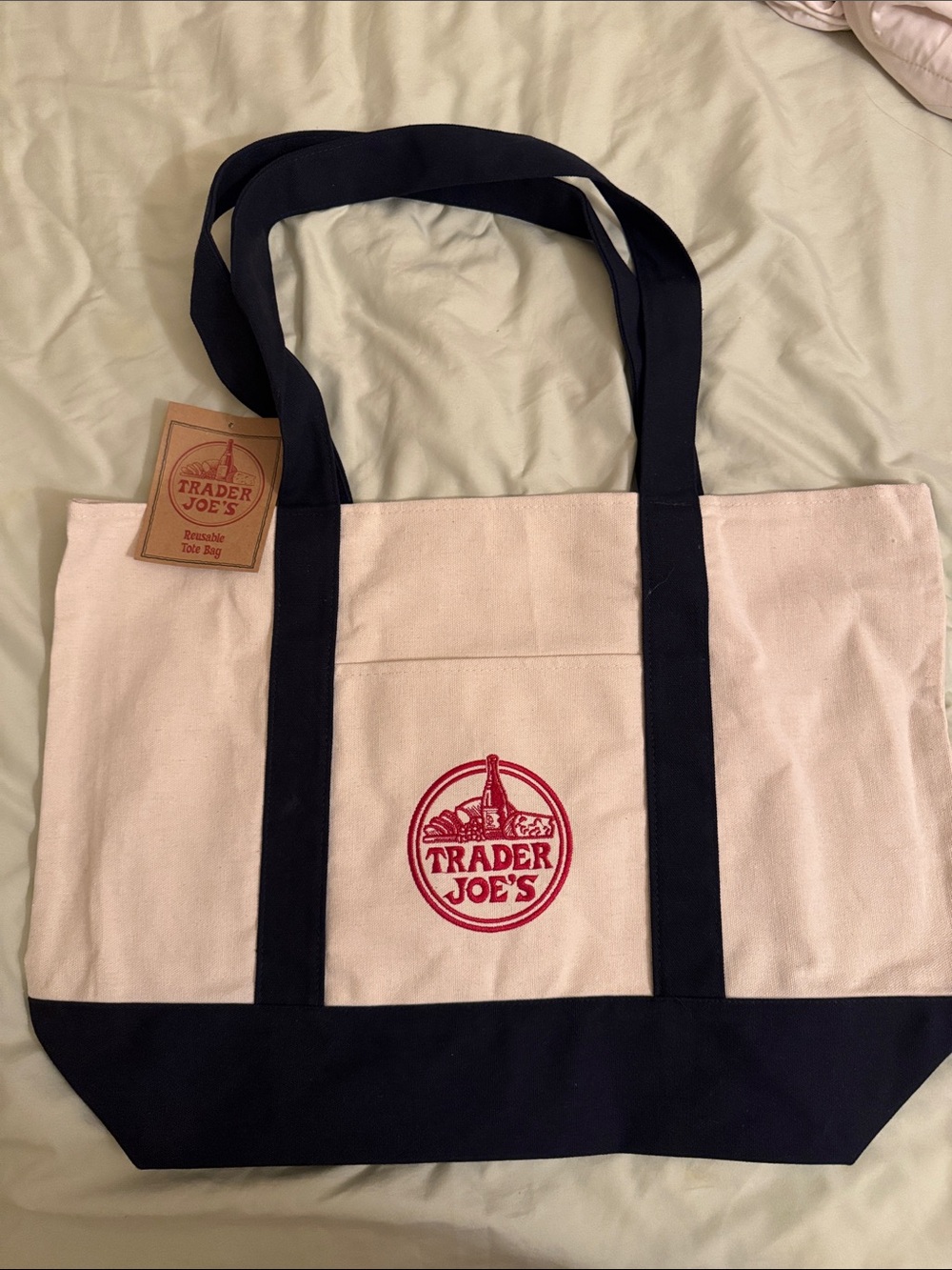 Trader Joe's Pink and Navy Canvas Tote Bag